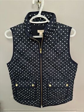 J. Crew Navy Polka Dot Quilted Vest with Gold Hardware